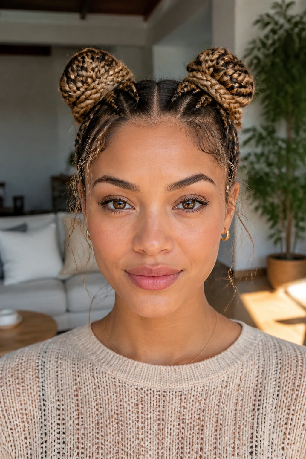 Front portrait of a person with braided space buns on top.