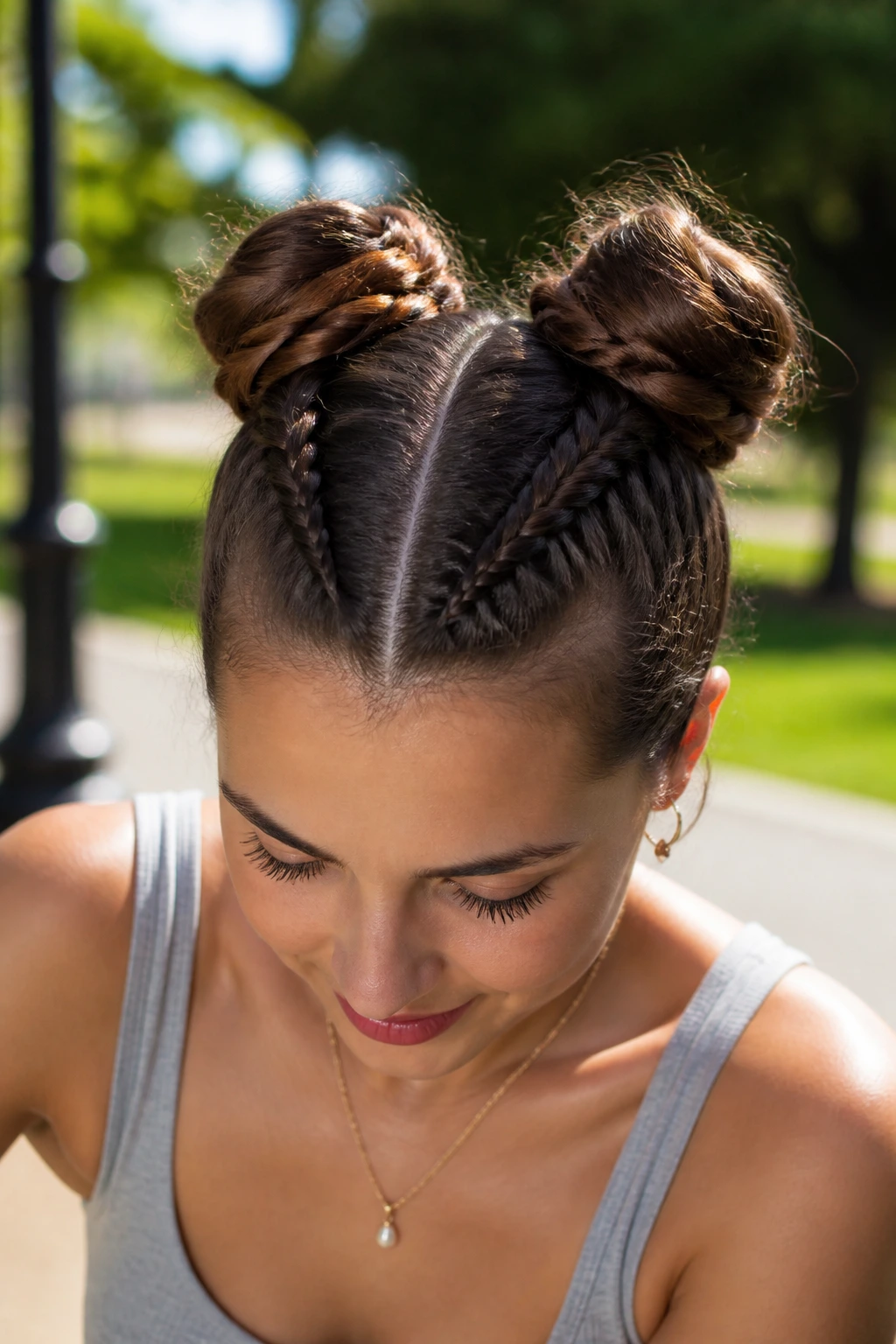 Real woman with two braided space buns on the crown.
