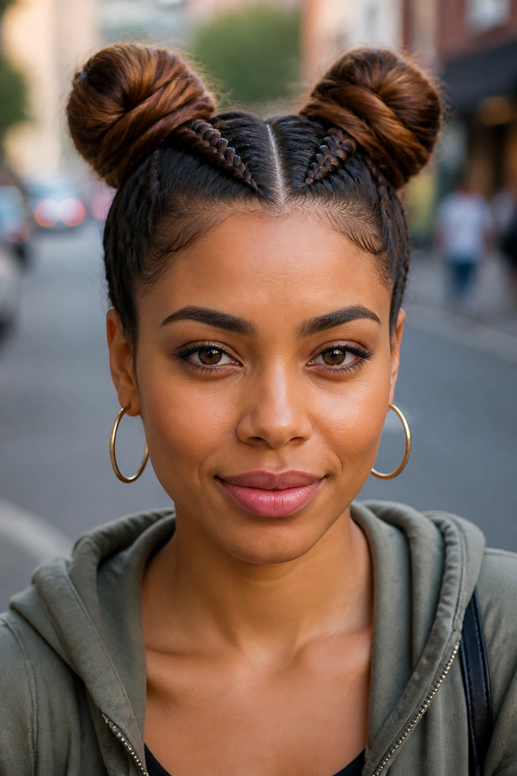 Portrait of a real woman with space buns with braided bases hairstyle.