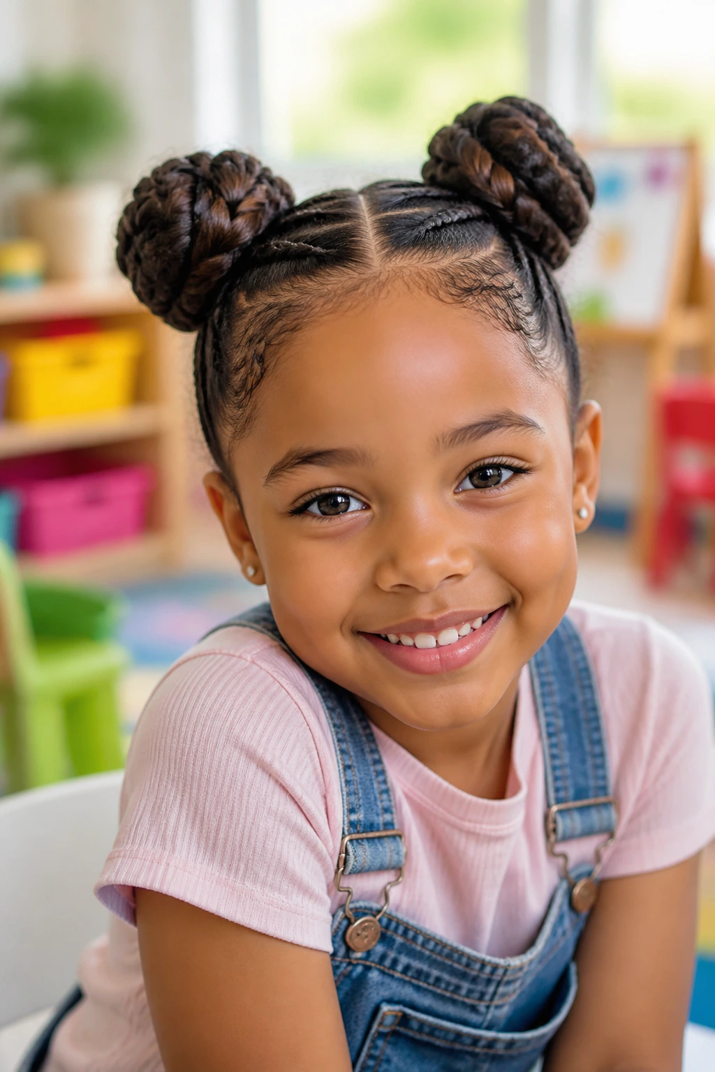 Close-up of a child with braided space buns in a bright playroom