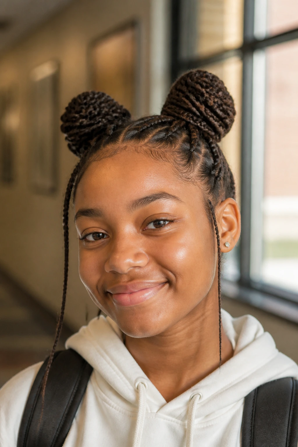 Close-up portrait of a real student with braided space buns