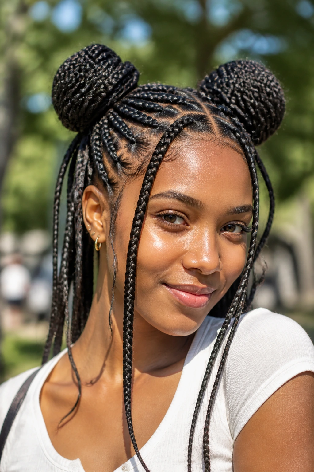 Close-up of a real woman with two space buns made from box braids