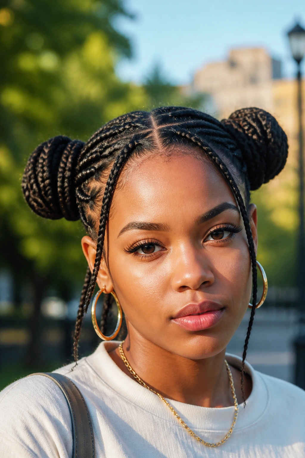 Close-up of braided space buns on a real person in an outdoor urban setting