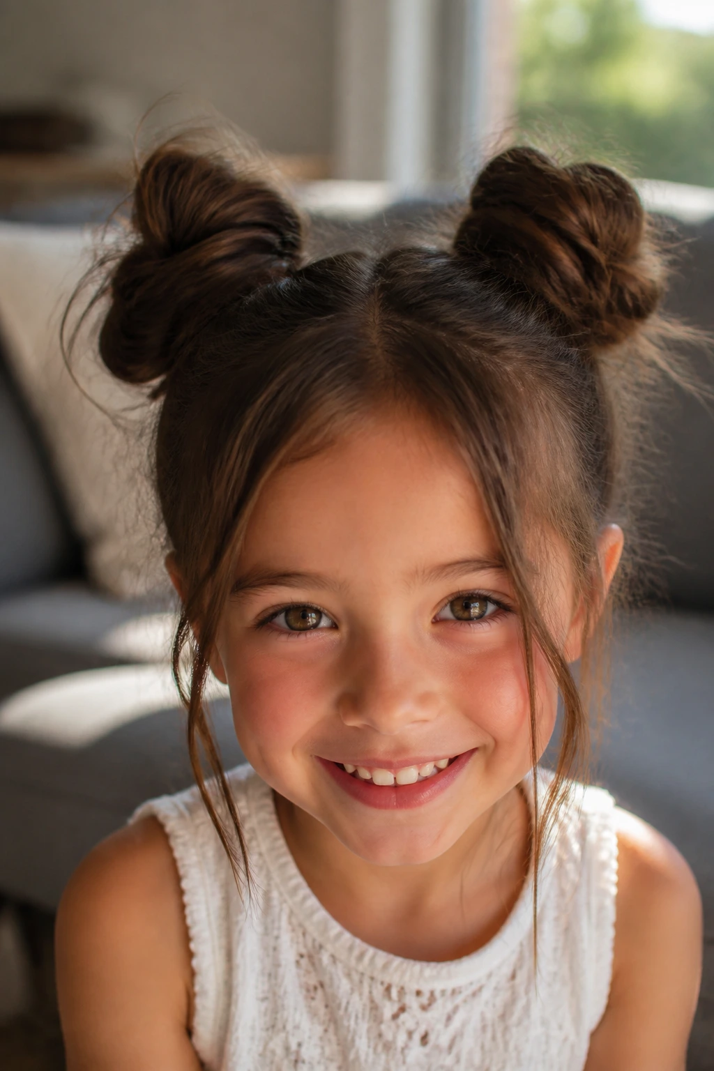 Portrait of a real brunette girl with space buns and loose ends in a bright living room
