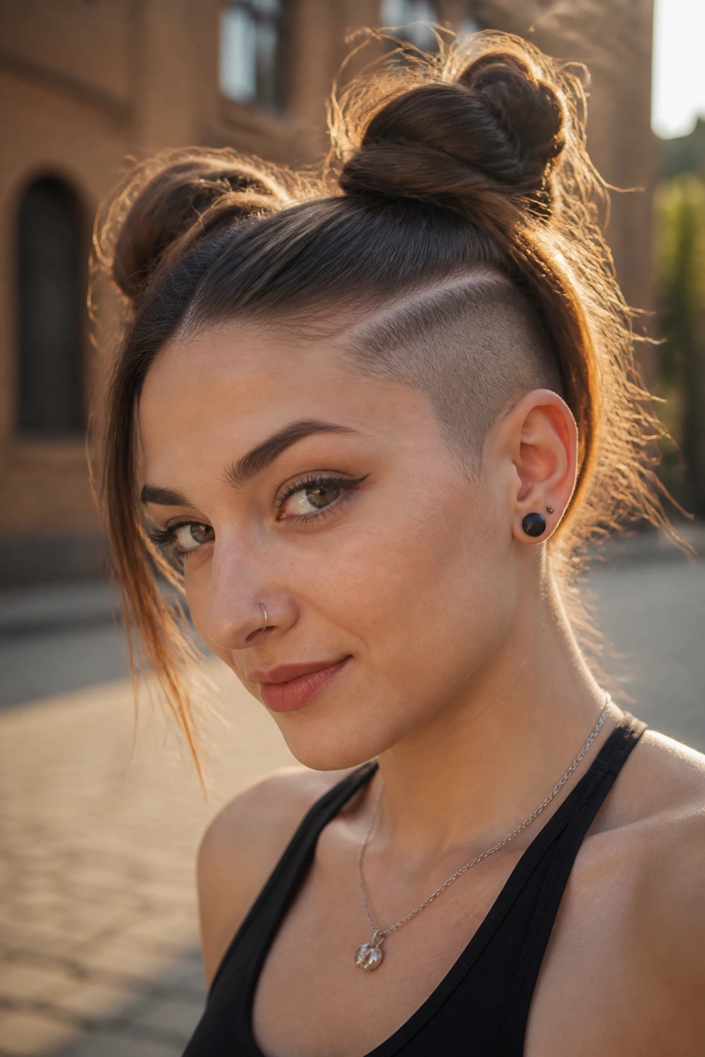 Real woman with space buns and a buzzed side strip hairstyle