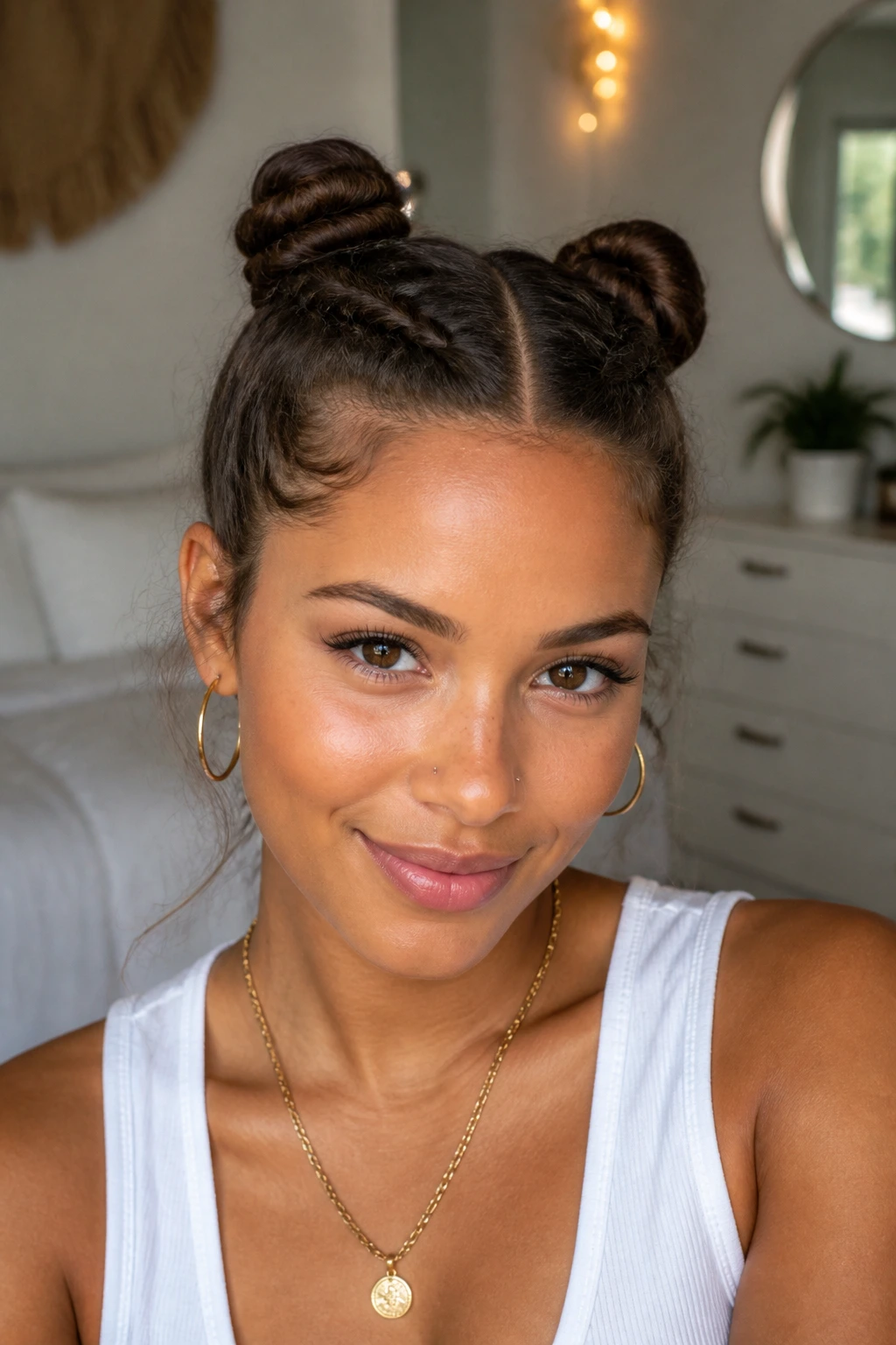 Real person with two braided space buns and a sharp center part