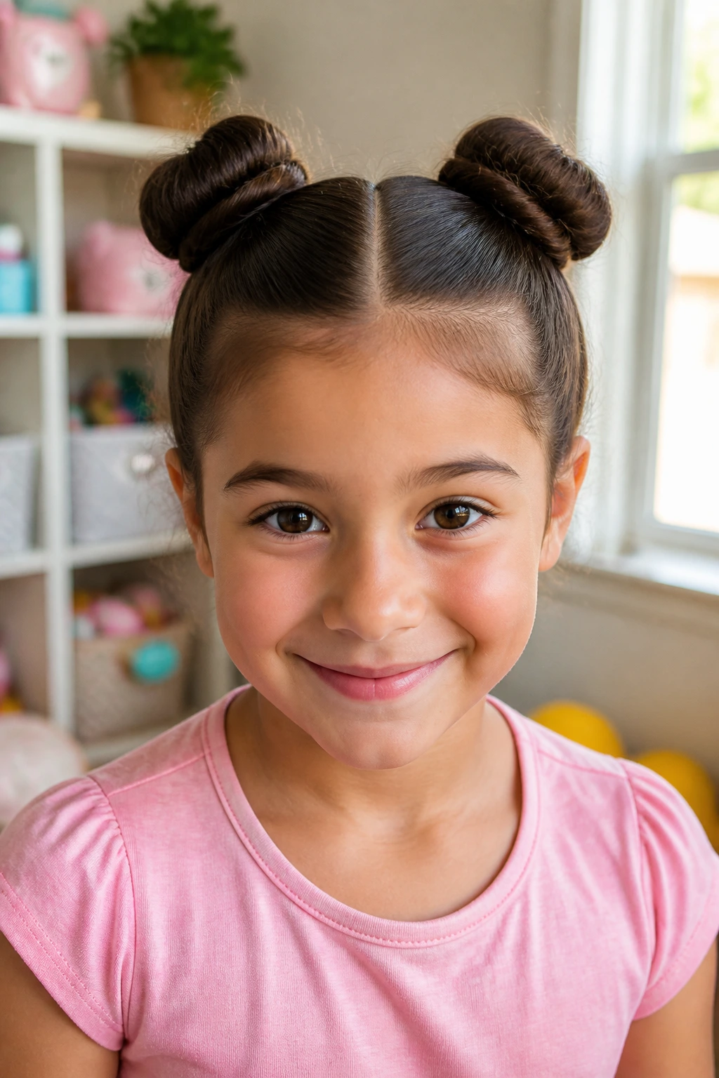 Front portrait of a child with space buns and center part hairstyle