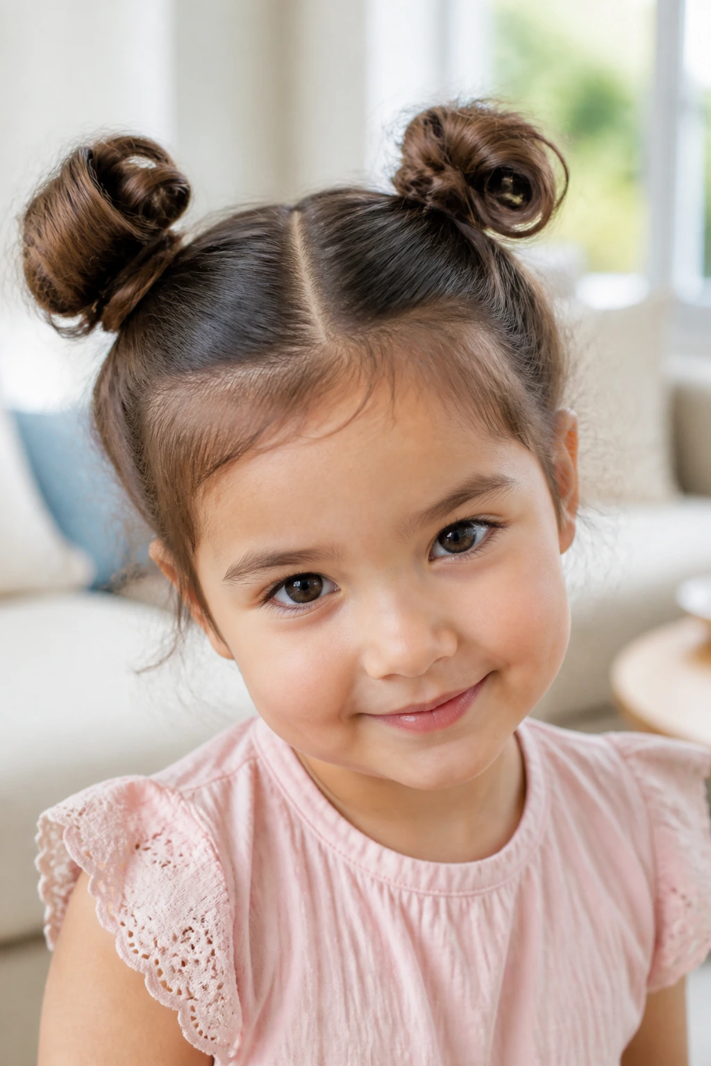 Two mini space buns on a young girl's head in a sunlit home setting