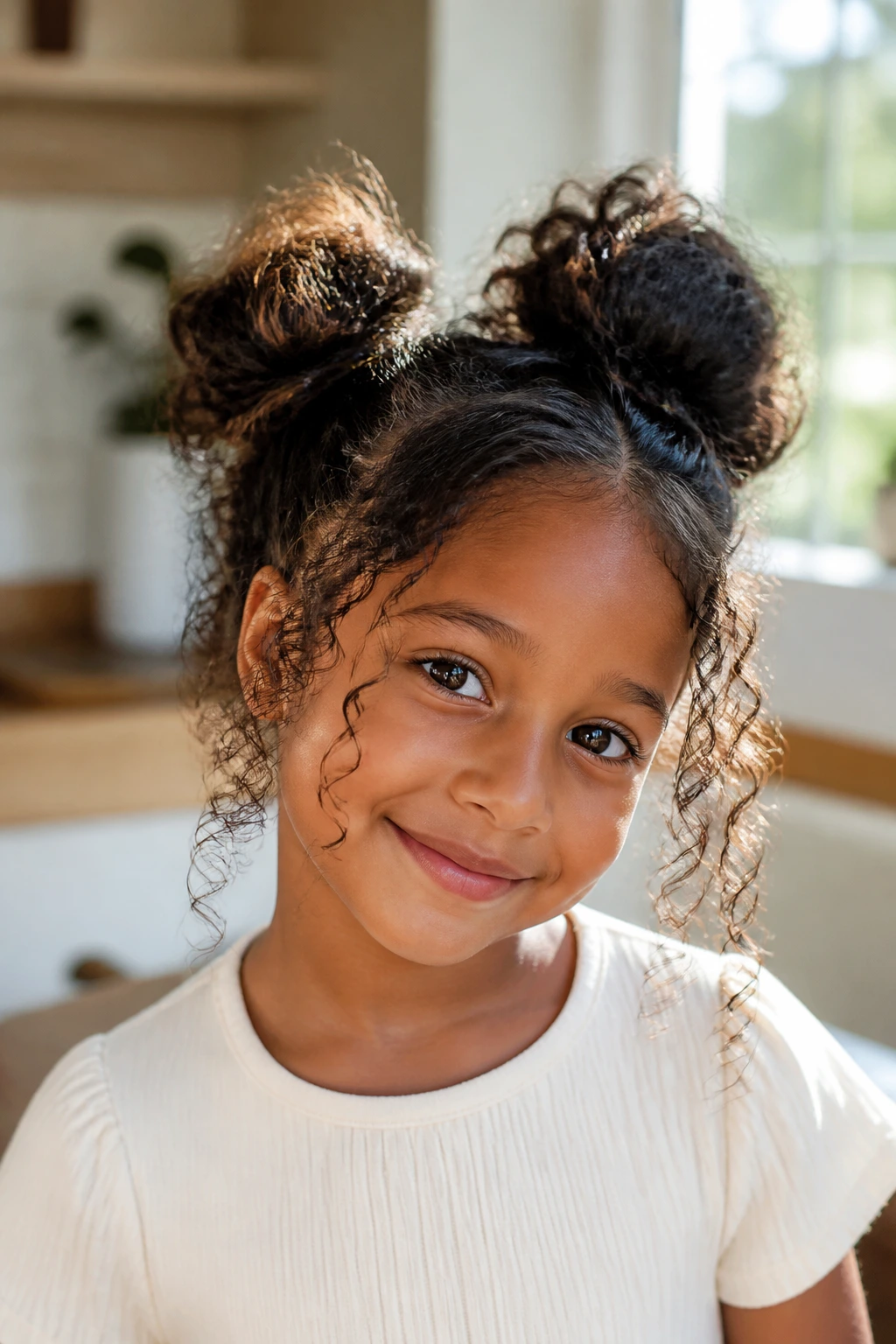 Child with curly space buns in a sunny morning setting.
