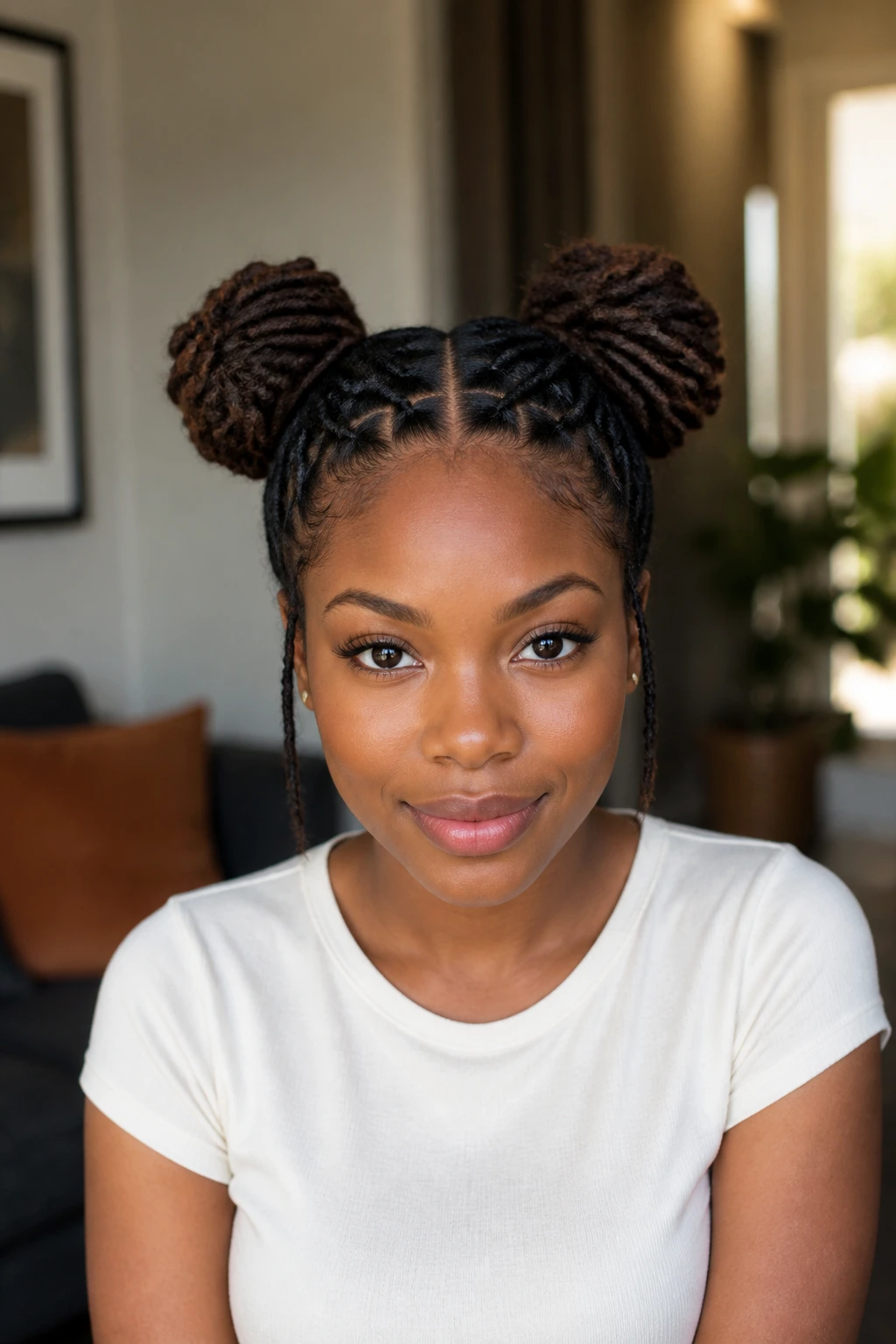 Front-facing portrait of a real woman with space buns and clean center part lines