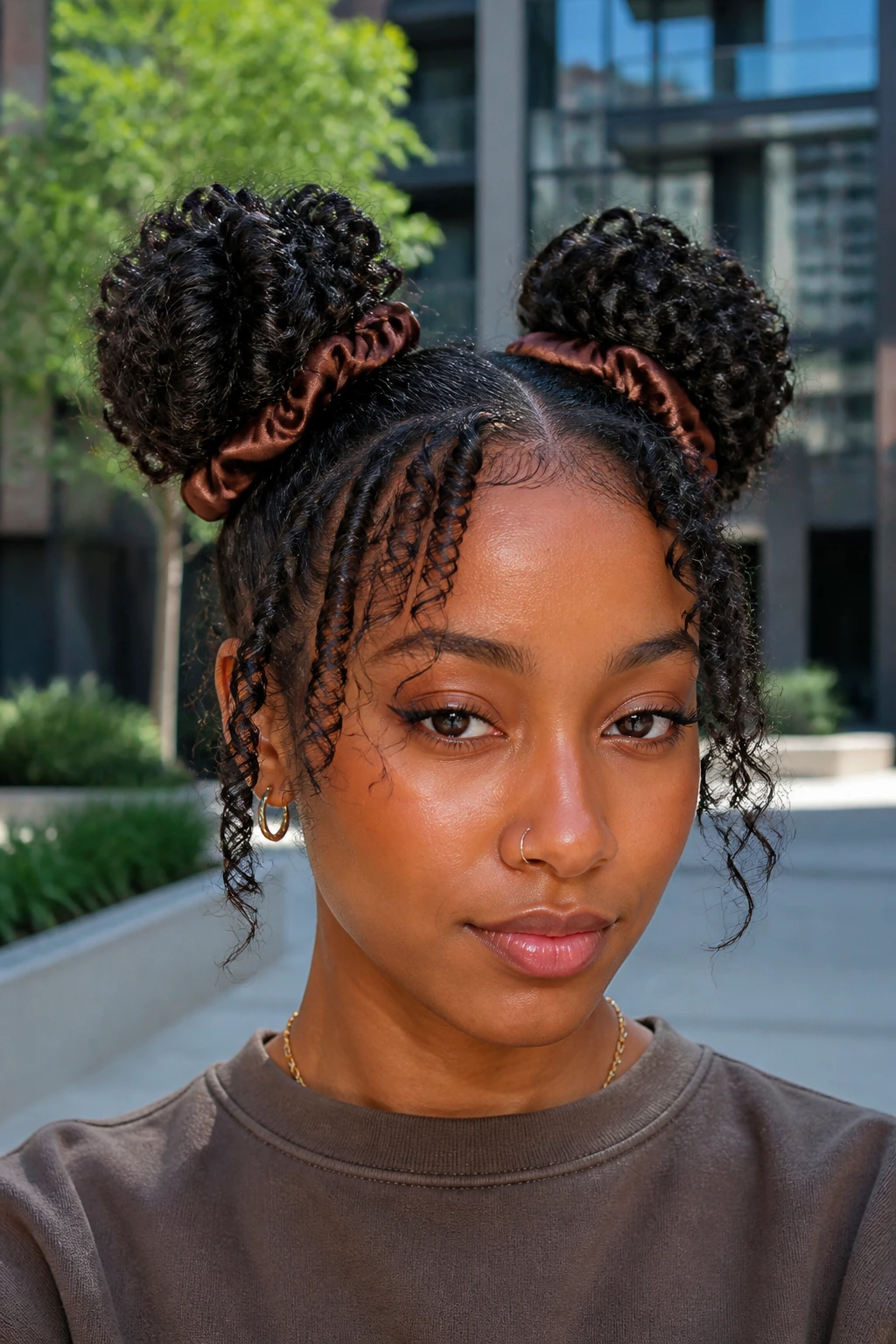 Close-up of a real woman with two high space buns made of coils