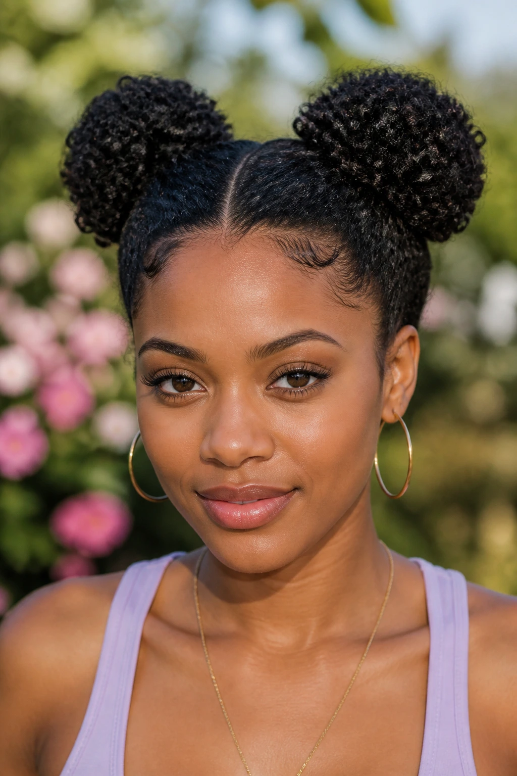 Portrait of a real woman with space buns on coily hair.
