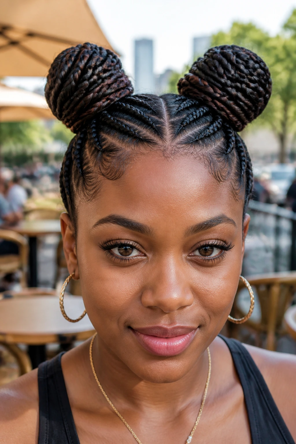 Close-up of a woman with braided space buns in a sunlit outdoor cafe