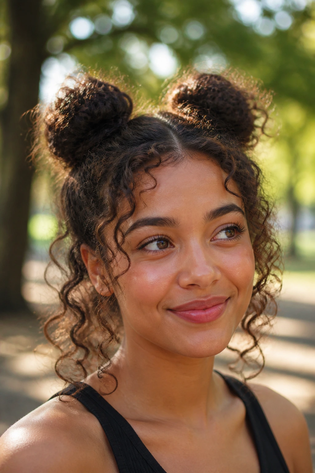 Real woman with space buns and curly ends under natural light.