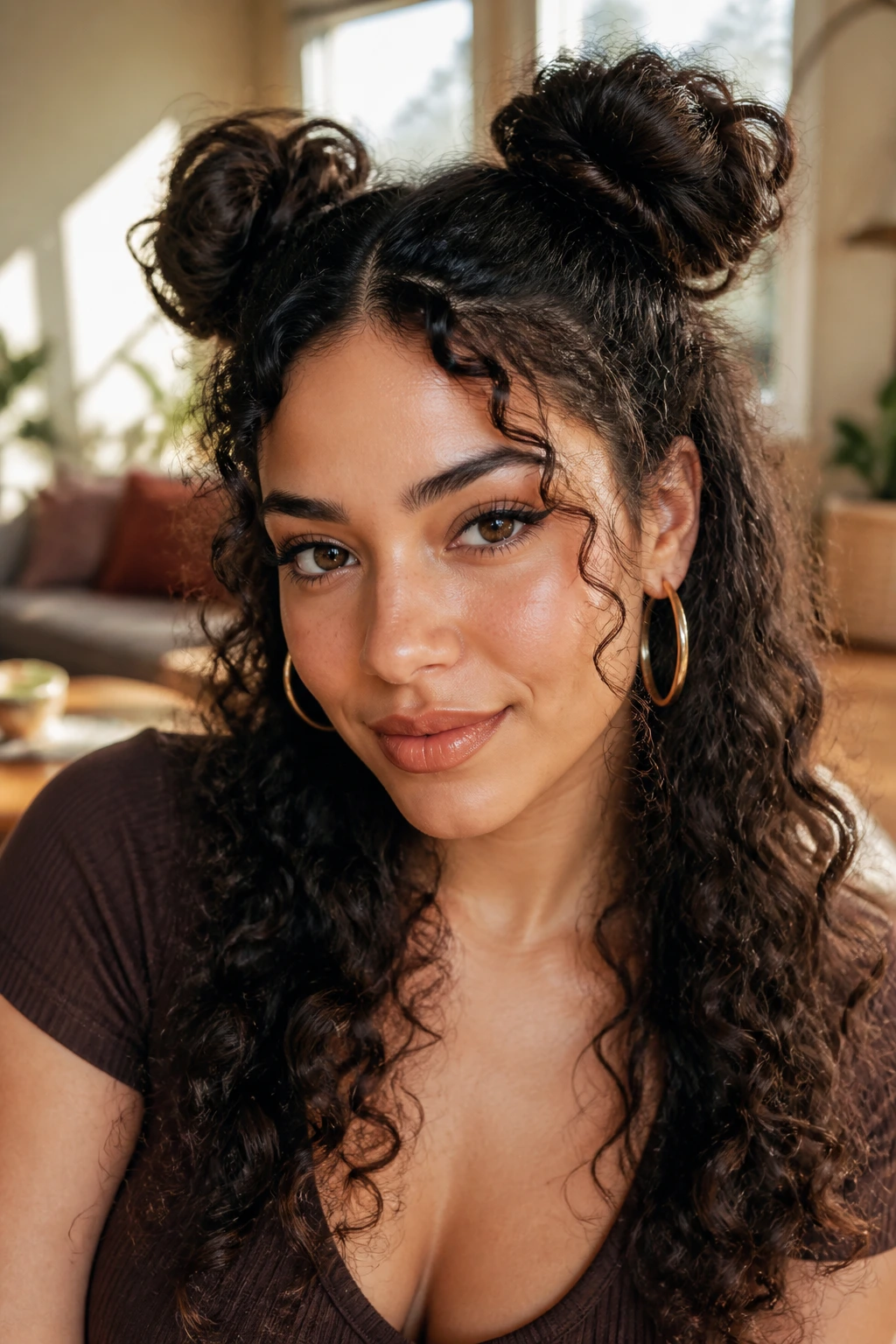 Close-up of a real person with curly space buns and temple curls in a sunlit living room.