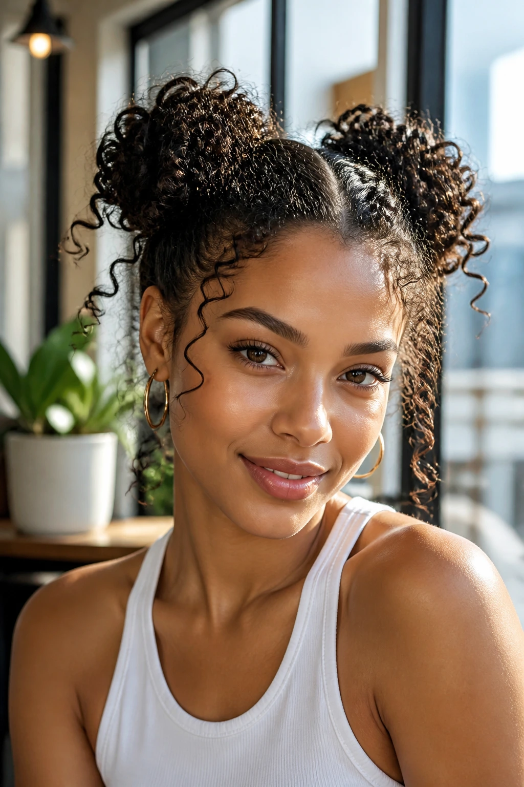 Real woman with space buns and curly ends, portrait in a sunlit cafe setting.
