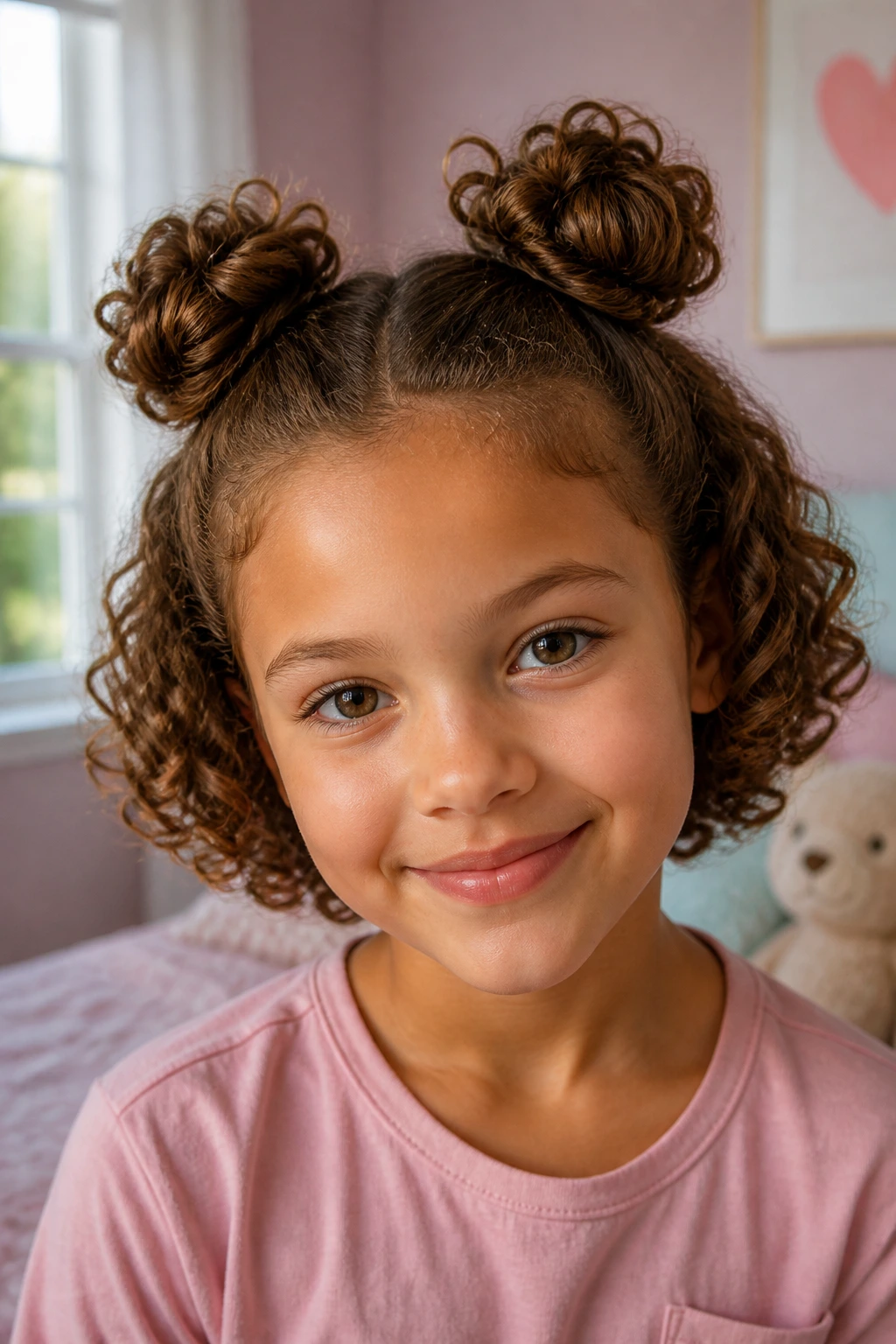 Close-up of a girl with a curly bob and space buns in a softly lit bedroom