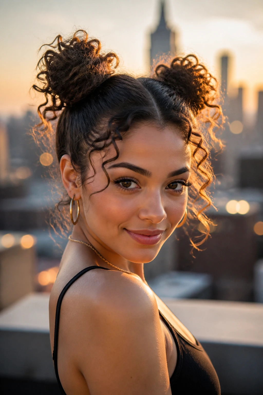 Front three-quarter view of a real woman with space buns and curly ends