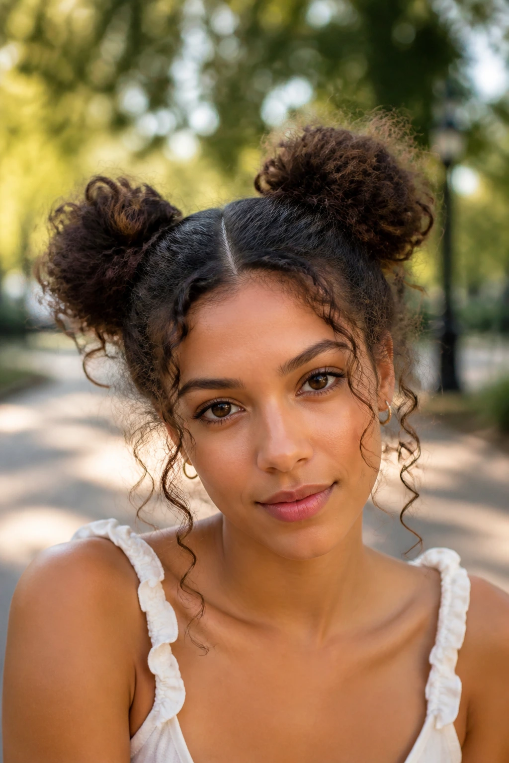 Portrait of a woman with curly space buns and curls framing her face.