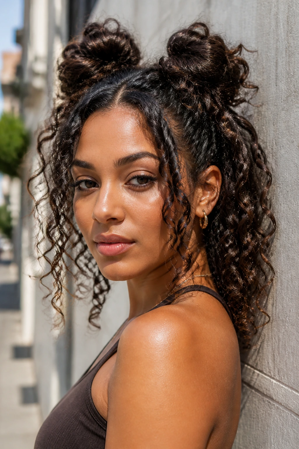 Real person with space buns on defined curls against an urban backdrop