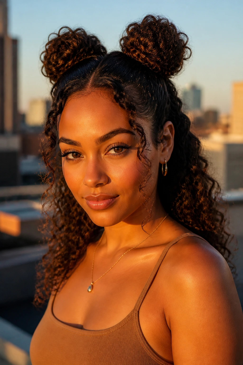 Close-up of a real woman with space buns showing defined ends in golden hour light.