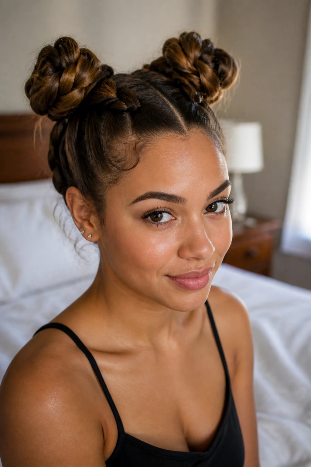 Close-up portrait of a real woman with two space buns created from Dutch braids.