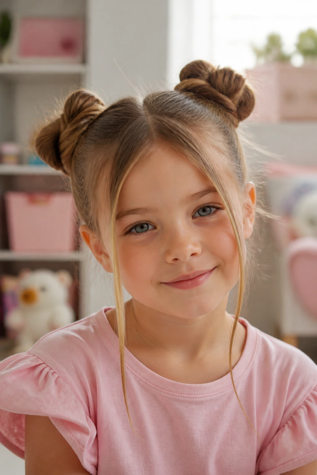 Close-up of a girl with space buns and face-framing pieces in a bright playroom.