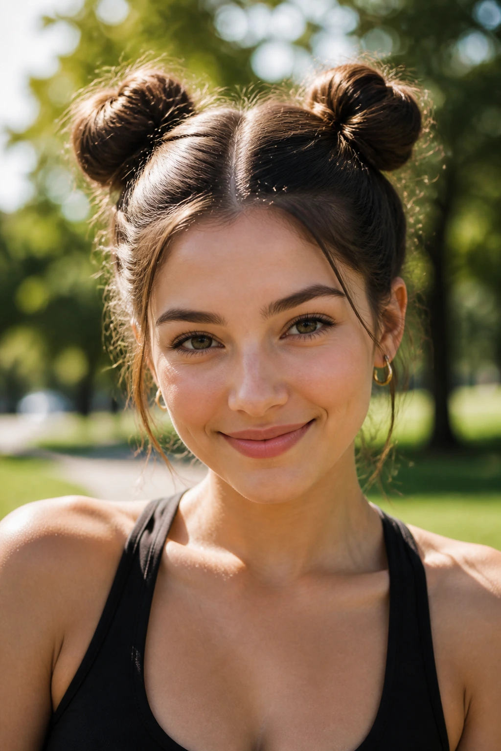 Real woman with two space buns high on the head, middle part visible.
