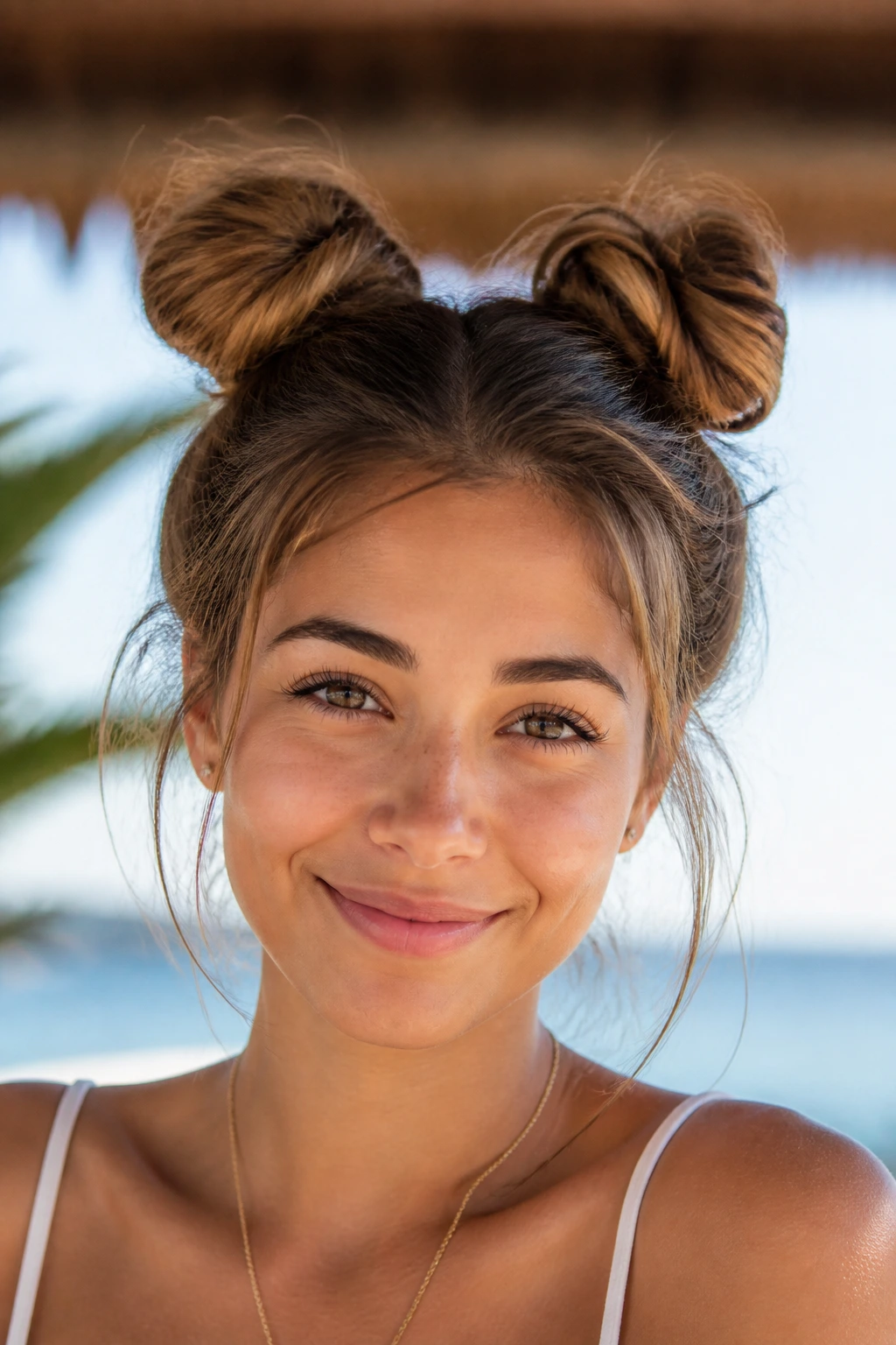 Close-up portrait of a woman with two space buns