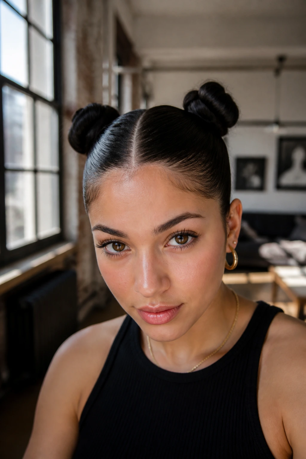 Real woman with sleek space buns hairstyle