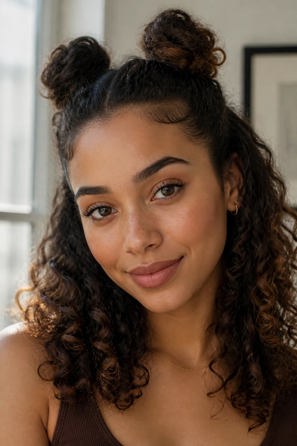 Real woman with two small top buns and loose curls below.