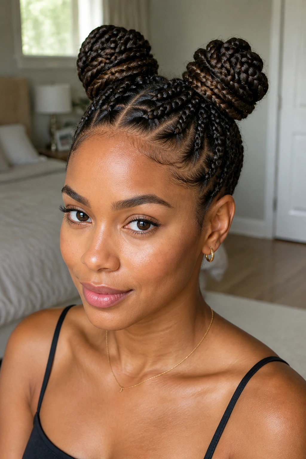 Close-up of a real person with braided space buns on a lob, two tidy buns atop the head