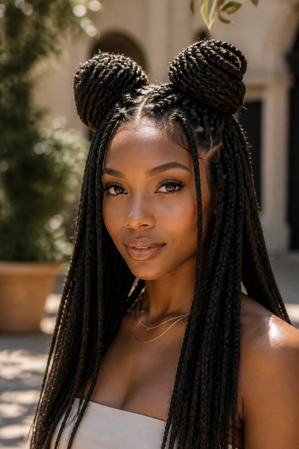 Real woman with space buns created from long box braids outdoors.