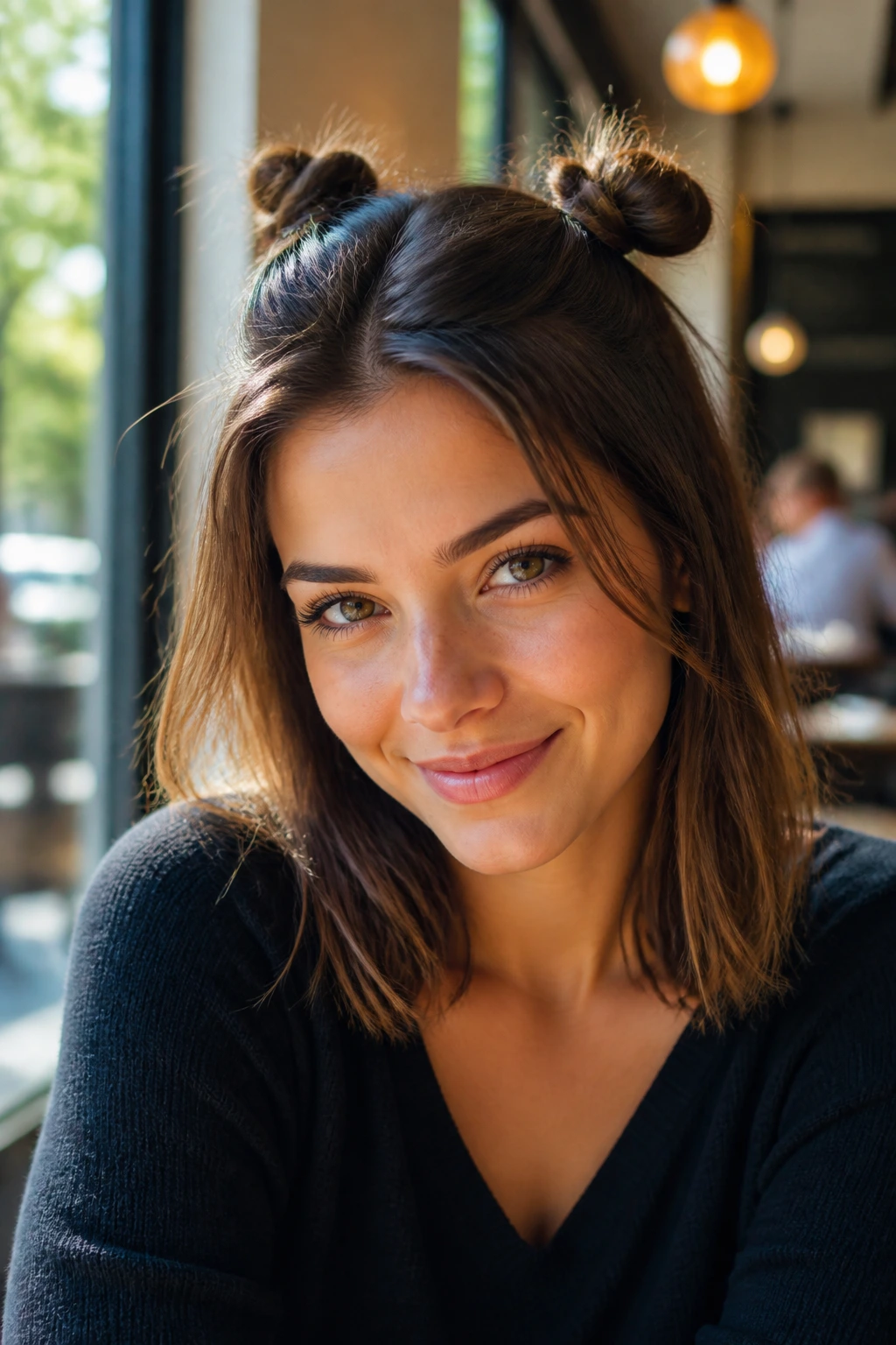 Real woman with two small space buns in natural sunlight