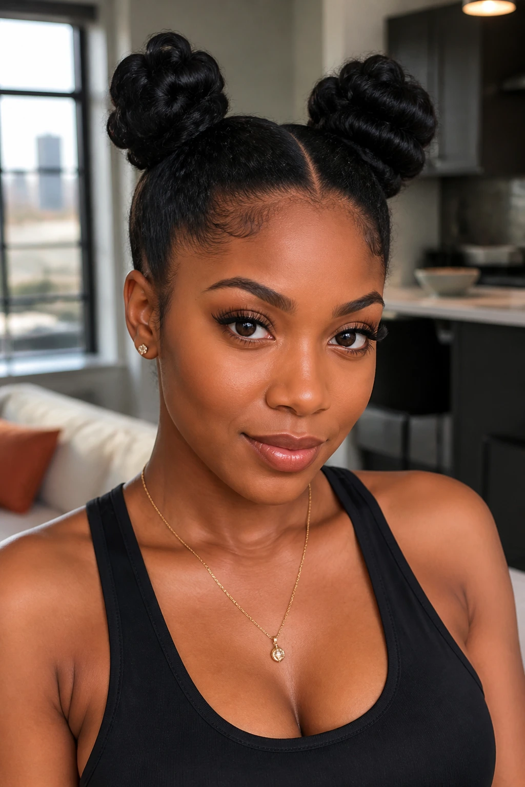 Close-up of a real Black woman with space buns