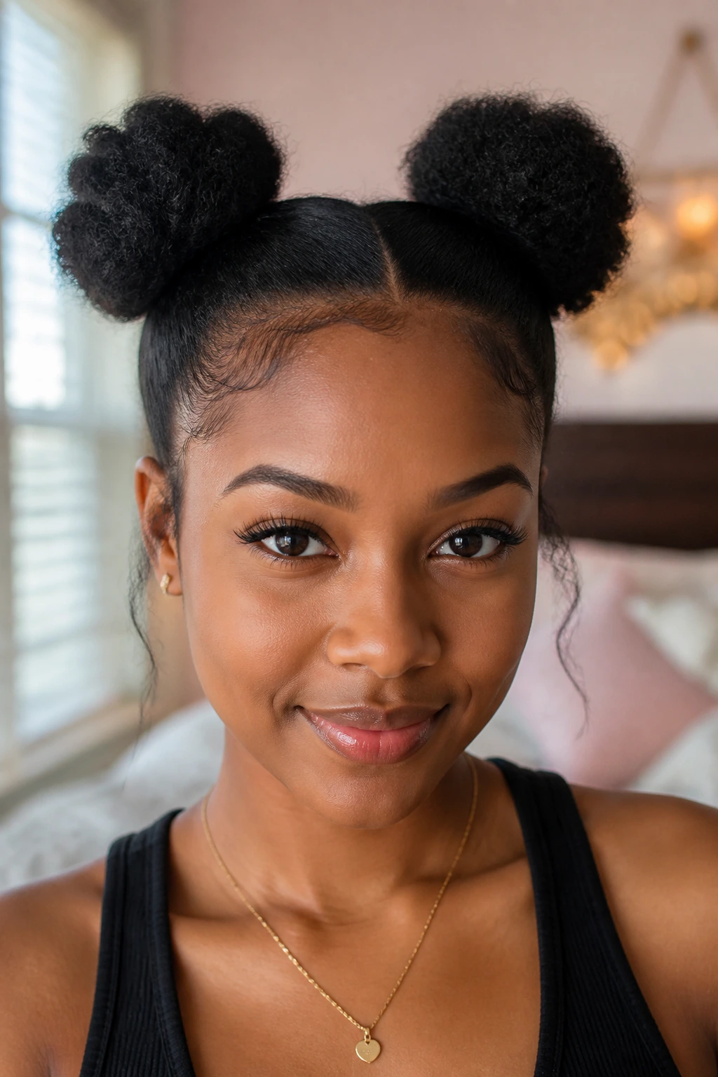 Close-up of a real Black woman with space buns, natural window light highlighting symmetrical buns