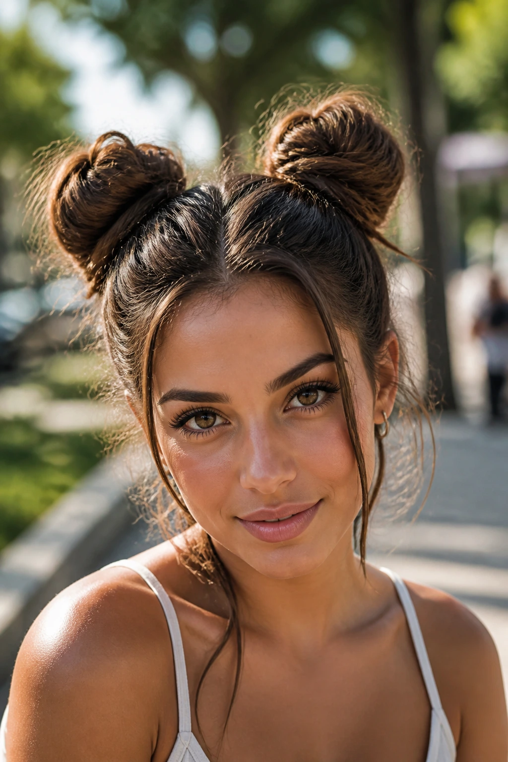 Close-up portrait of a real woman with two space buns on top of the head.