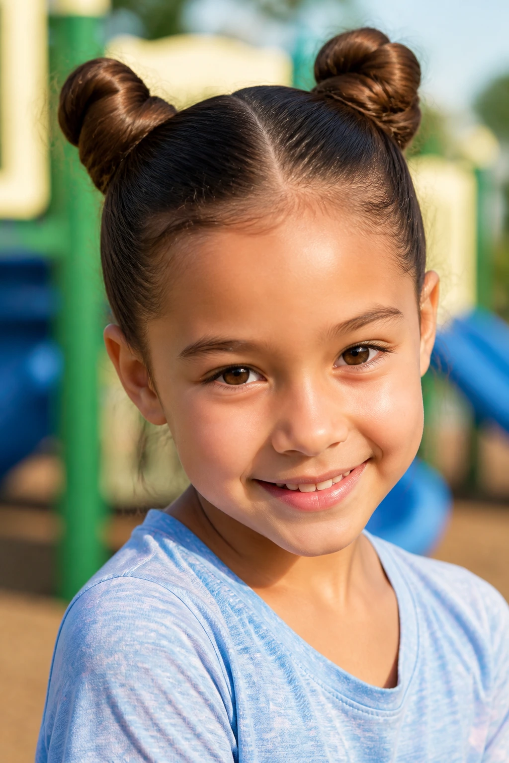 Close-up of a real girl with space buns on top of her head