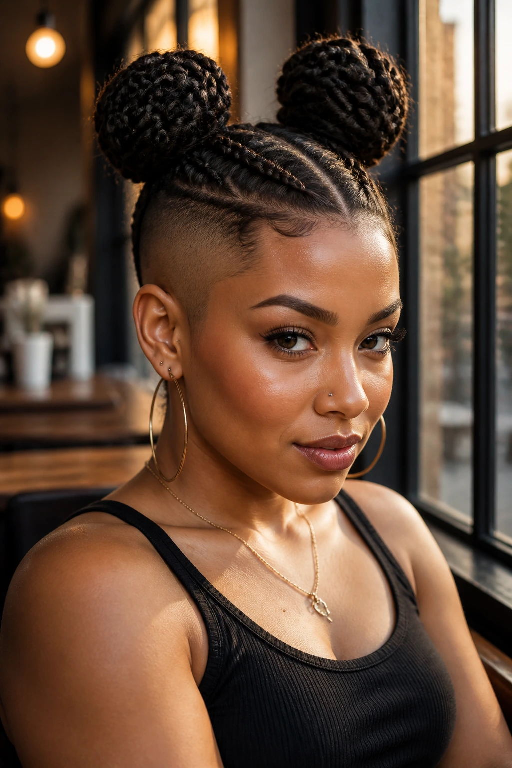 Close-up portrait of a woman with braided space buns and shaved temples