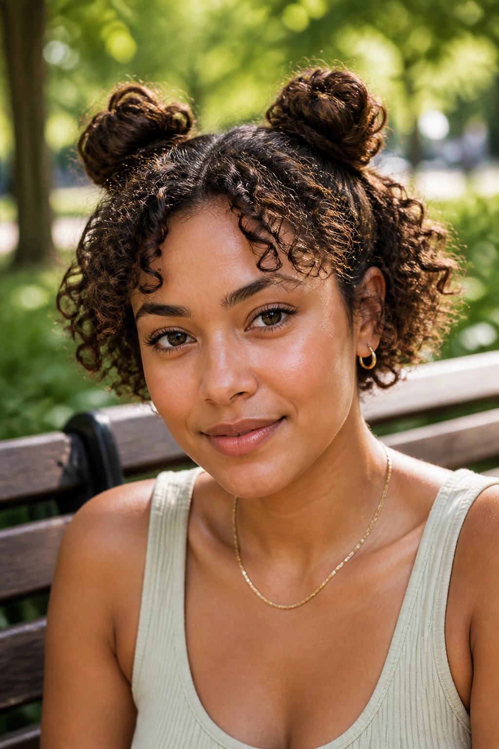 Portrait of a woman with two small space buns on short curls outdoors