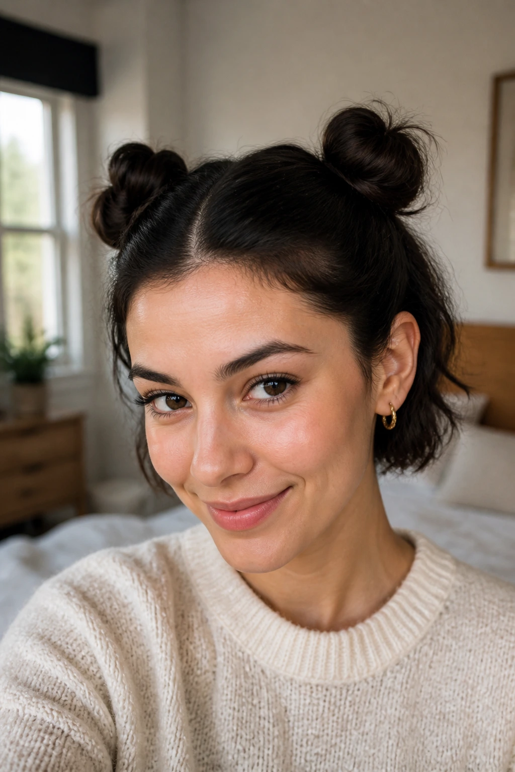 Front three-quarter portrait of a real woman with two space buns above the ears
