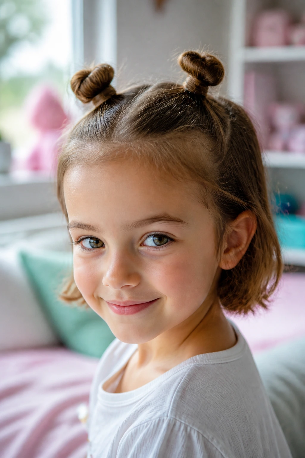 Close-up of a child with two tiny space buns on short hair.