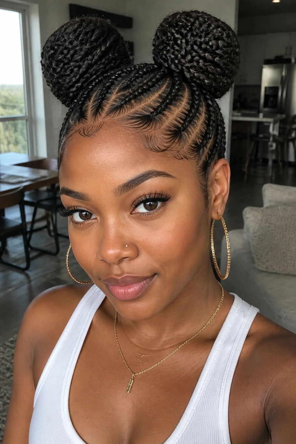 Close-up of a woman with side cornrows feeding into space buns
