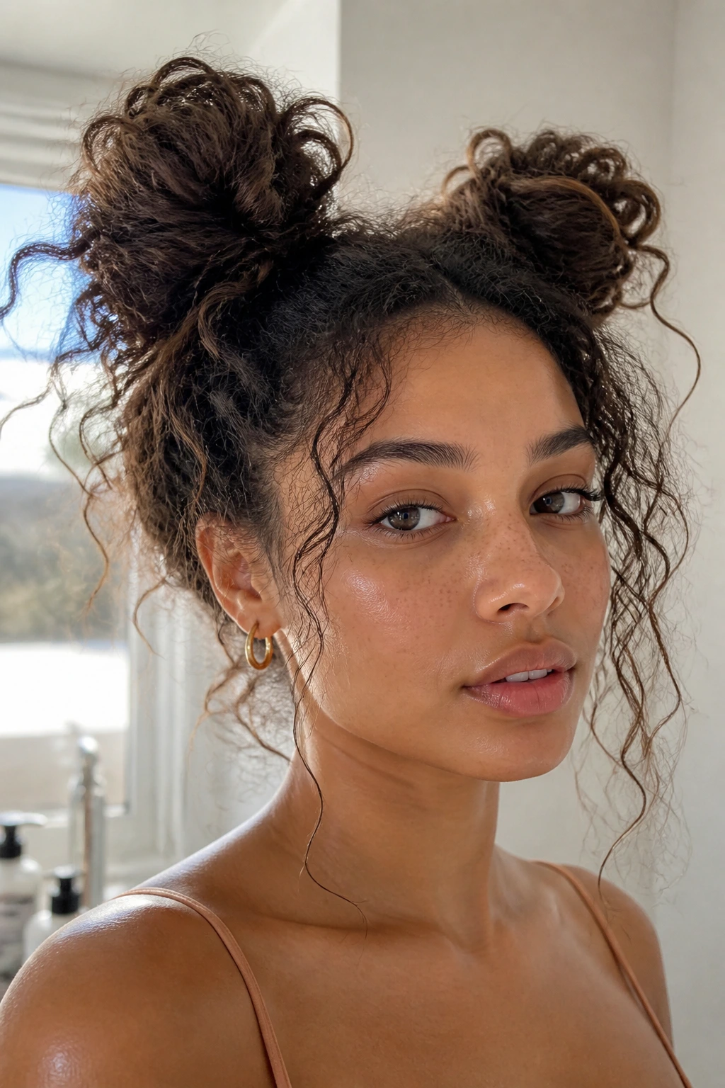 Portrait of a real person with space buns and soft ends