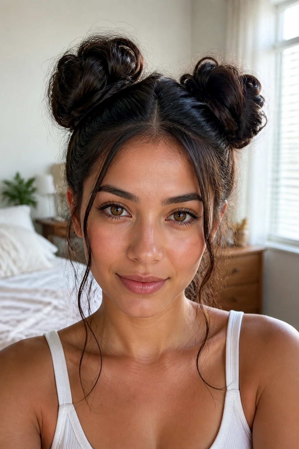 Real woman with two space buns and soft ends