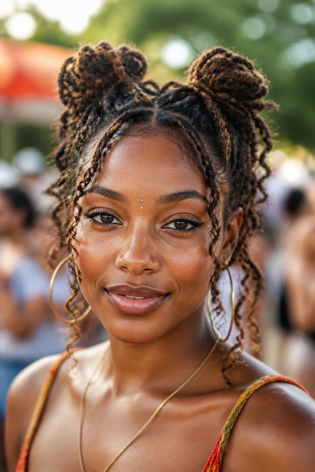Woman with two small space buns and spirals in a festival setting