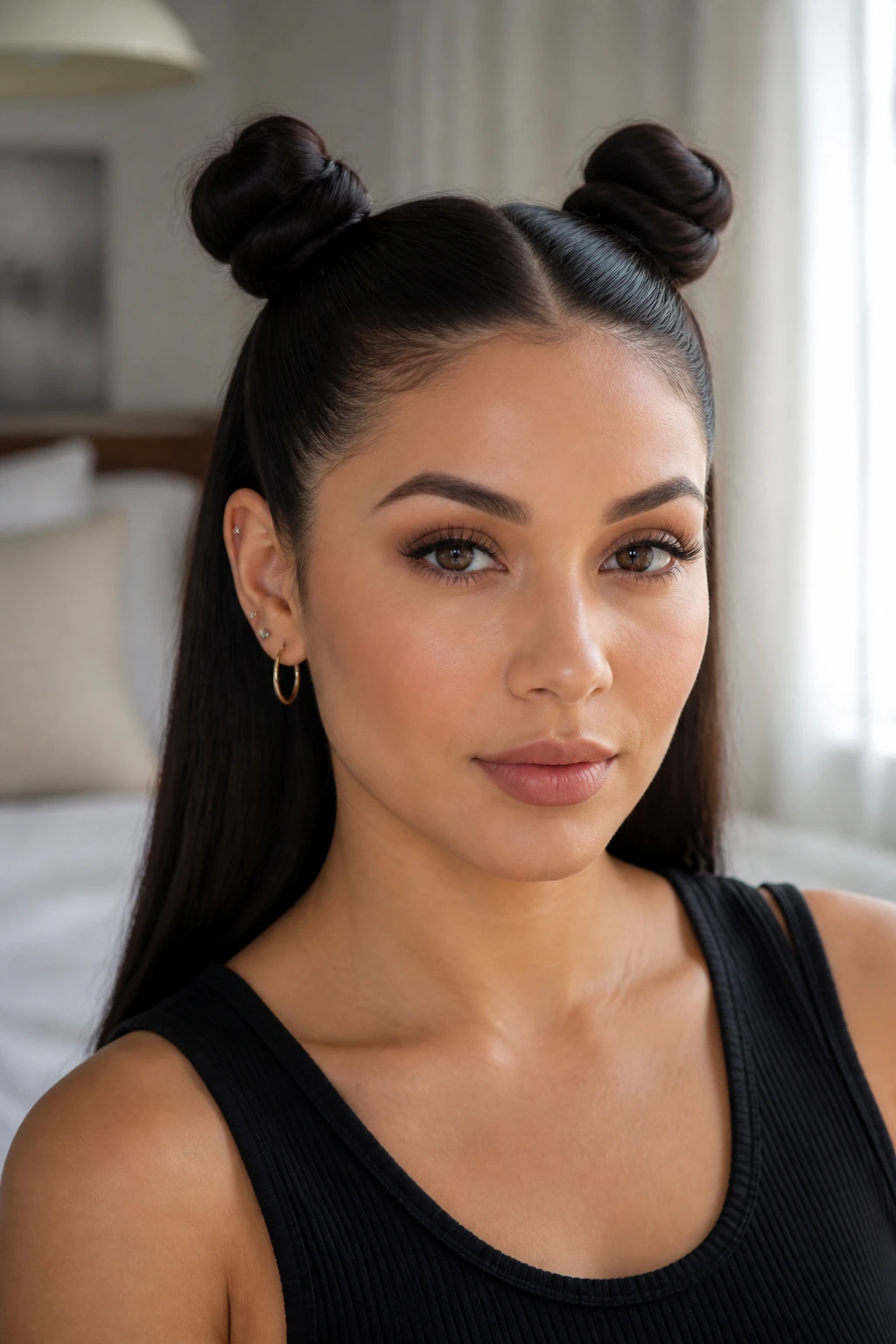 Close-up of a real person with space buns and straight tails in natural light