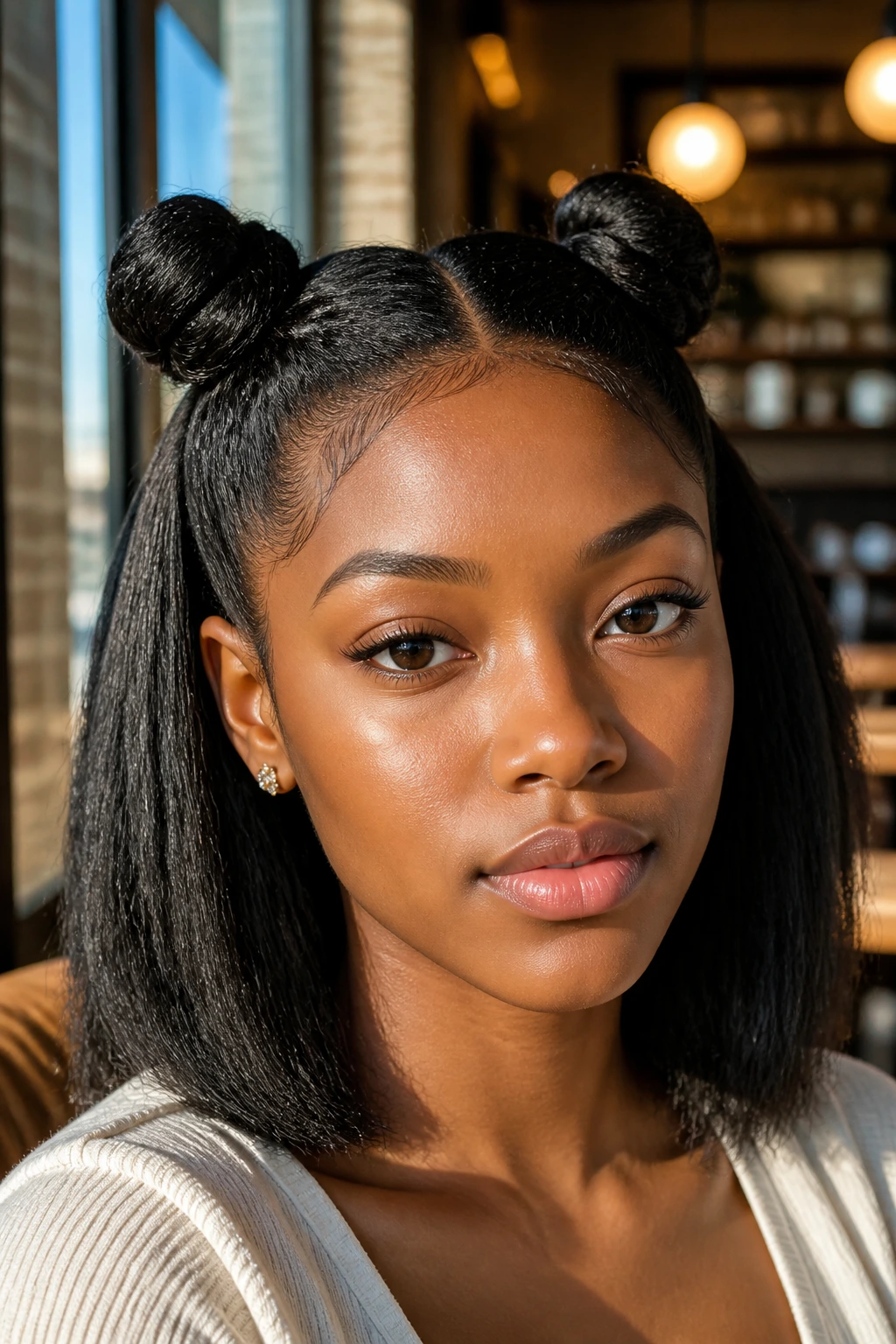 Close-up of a person with space buns on stretched natural hair