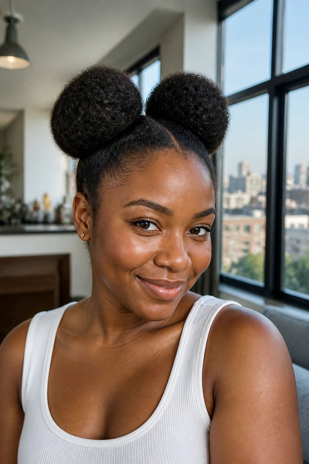 Close-up of a real woman with space buns on stretched natural hair