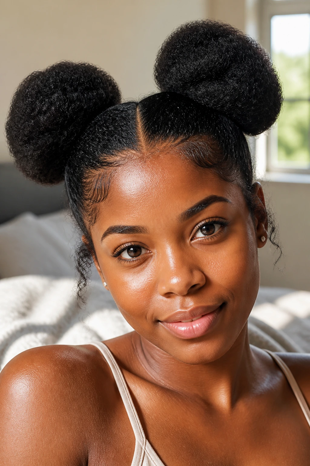 Close-up of space buns on thick stretched natural hair in a sunlit bedroom